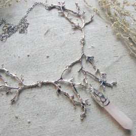 Quartz Crystal Moon and Branches Necklace